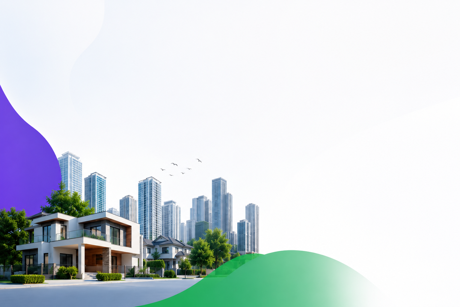 Modern homes with city skyline
